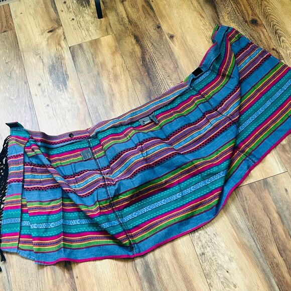 90s Vintage Boho Mini Skirt Aztec Striped Fringe Pleated Cotton Colorful Large - Picture 9 of 9